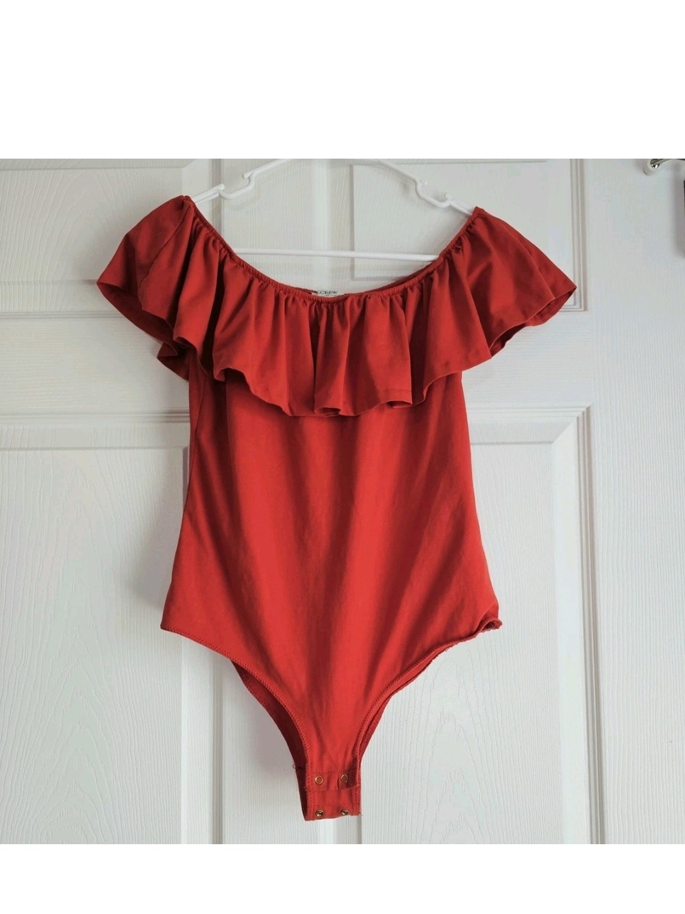 J.CREW Off-the-Shoulder Ruffle Knit Red Bodysuit Womens L Romantic Coquette